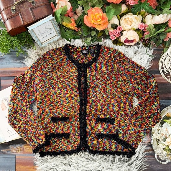 Christine Rotelli Multicolor Boucle Knit Fringe Trim Sweater Artistic Designer - Picture 3 of 10